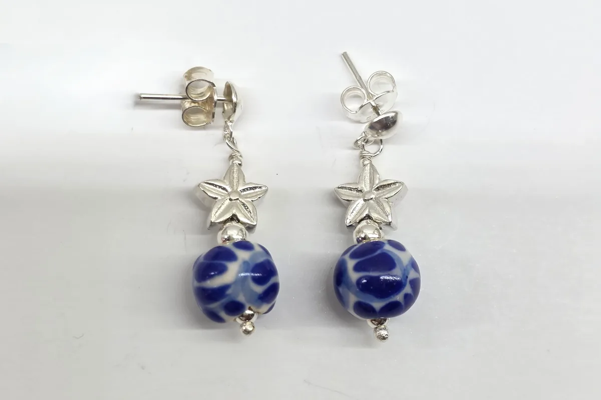 Arete Flor Cerámica Bombacha en Plata .925 y Talavera Poblana