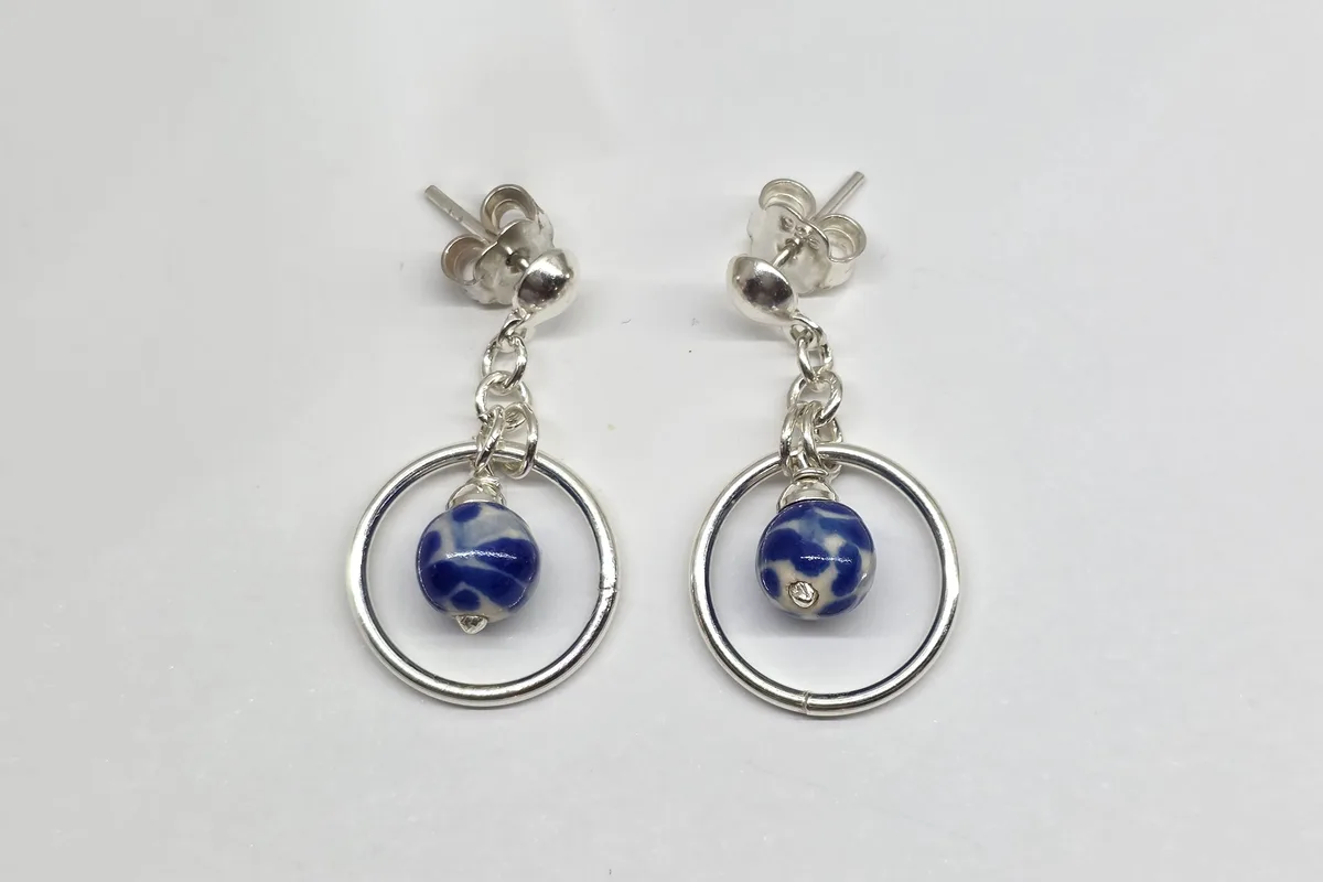 Arete Aro Plata y Bola Talavera en Plata .925 y Talavera Poblana