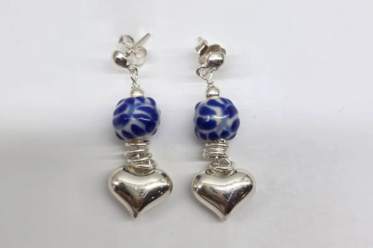 Arete Bola Talavera y Corazón Plata en Plata .925 y Talavera Poblana