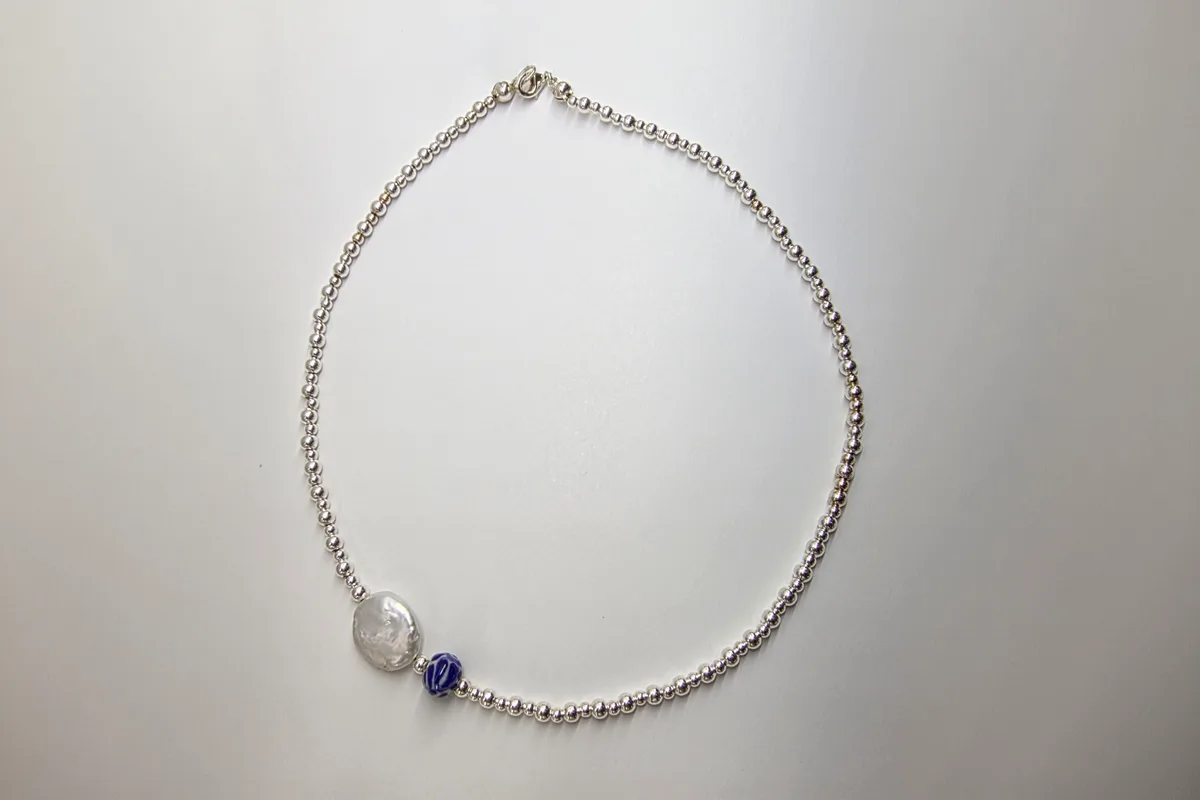 Collar Bola Mini Plata y Perla Plana en Plata .925 y Talavera Poblana
