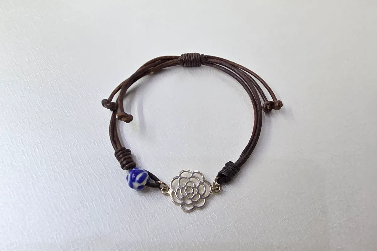 Pulsera Piel Flor en Plata .925, Talavera Poblana y Piel